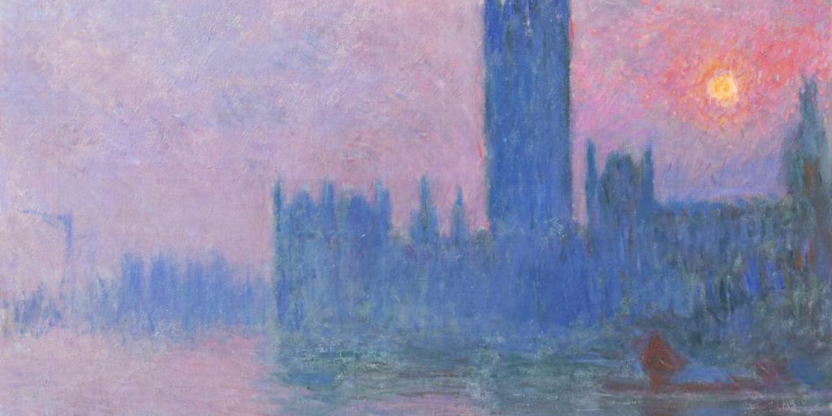 A Parlament – Naplemente (1900–1903). Claude Monet az 1899 ősze és 1901 tavasza közötti időszakban egy sor festményt készített a londoni parlament épületéről