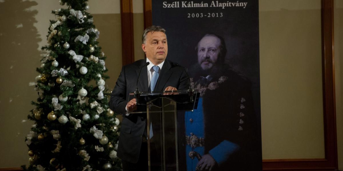 Orbán Viktor miniszterelnök előadást tart a Széll Kálmán Alapítvány évzáró rendezvényén Budapesten 2014. december 12-én este. MT