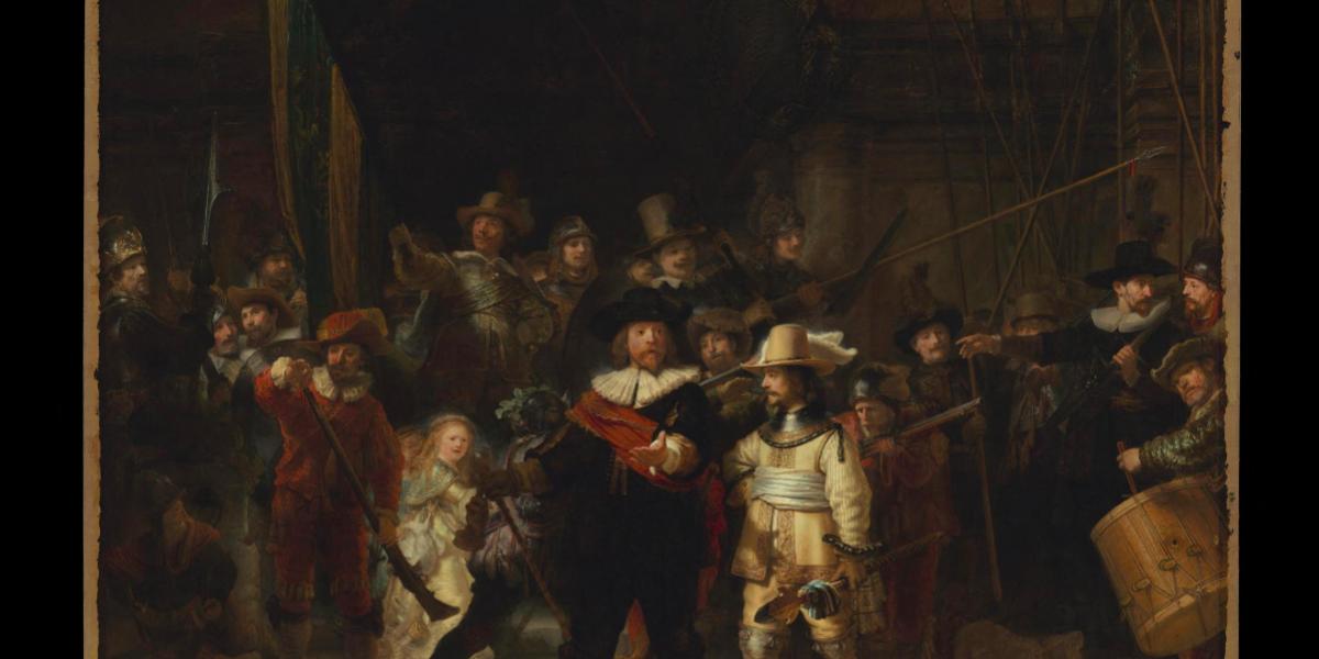 Rembrandt Éjjeli őrjárat című festménye, a két főalak Frans Banning Cocq kapitány (b) és Willem van Ruytenburch hadnagy (j). A járőrcsapat címerére utaló aranyruhás fiatal nő mögötti alak középtájt feltehetően a festő önábrázolása