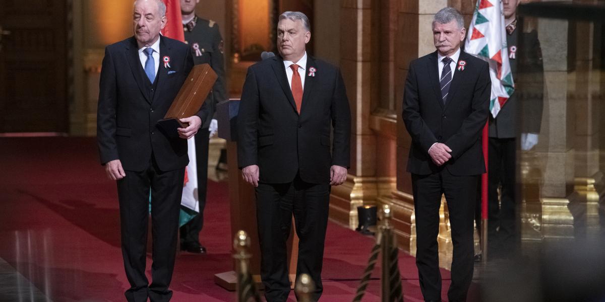 Sulyok Tamás, Orbán Viktor és Kövér László a 2024. évi Kossuth- és Széchenyi-díjak átadóünnepségén 