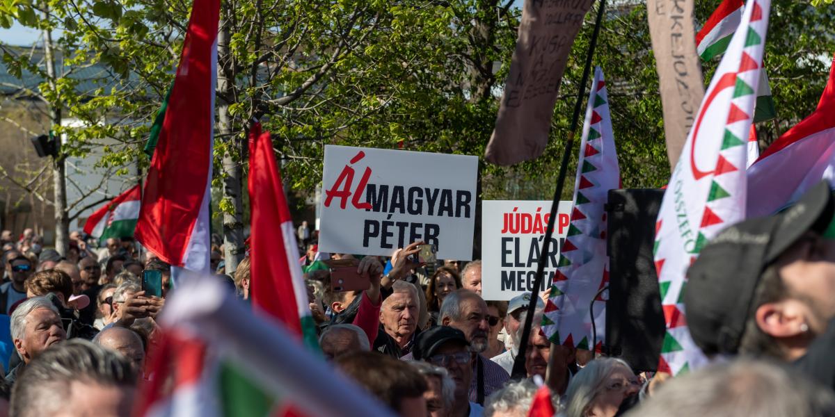 Szimpatizánsok a Nemzeti Ellenállás Mozgalom és a CÖF közös demonstrációján április 12-én