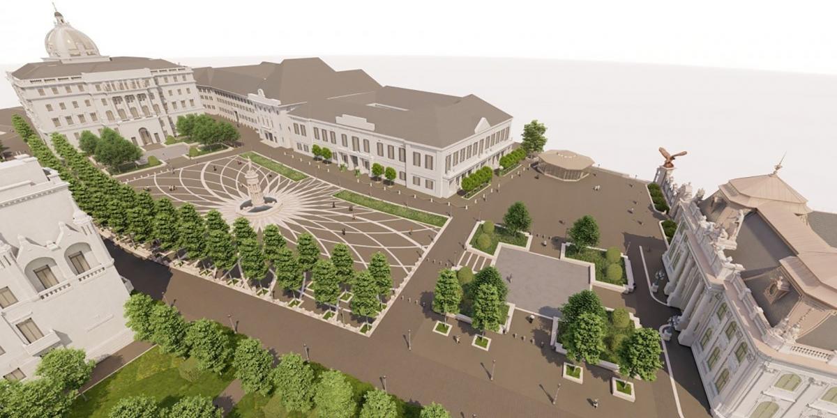 OPTIMALIZÁLT TÖRTÉNELEM (felül) – Az épülő Szent György tér a Nemzeti Hauszmann Program látványtervén.

DOKUMENTÁLT TÖRTÉNELEM (alul) – A Szent György utca a Várszínházzal (a Miniszterelnökségnek helyet adó egykori Karmelita kolostor) és Sándor-palotával 