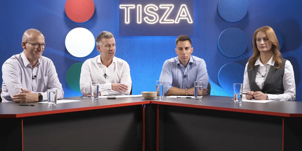 Magyar Péter és alelnökei, Tarr Zoltán, Radnai Márk és Forsthoffer Ágnes az előválasztáson nyertes jelölteket bejelentő műsorban