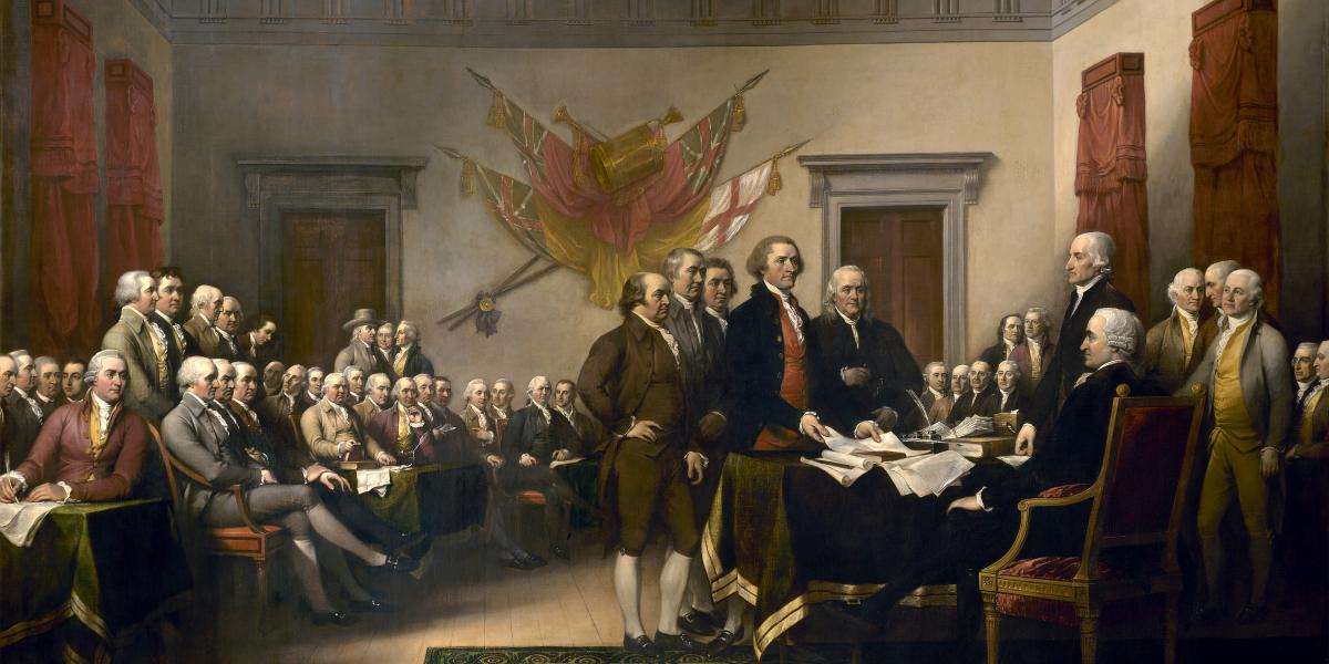 Az öttagú bizottság a kongresszus elé tárja a Függetlenségi nyilatkozat tervezetét (John Trumbull festménye, 1819)