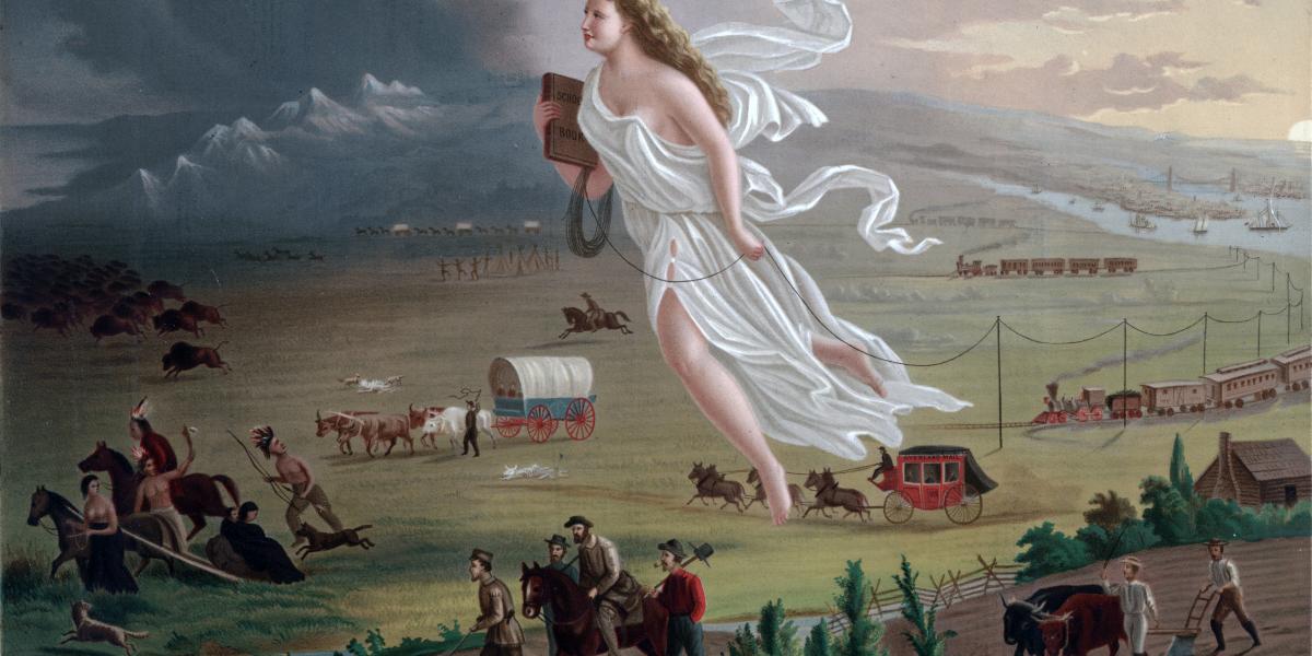 A „Manifest
Destiny” John
Gast festményén
(1872) Ez az
ideológia isteni
küldetésként,
a civilizáció
diadalmeneteként
mutatta
be a kontinens
erőszakos birtokbavételét