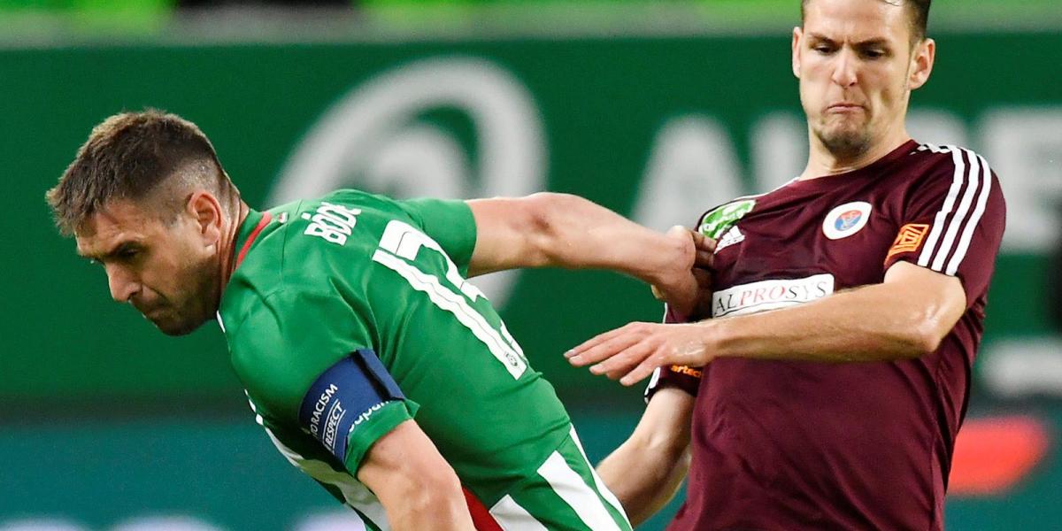  A ferencvárosi Böde Dániel  és az angyalföldi Korcsmár Zsolt a labdarúgó OTP Bank Liga 27. fordulójában - MTI Fotó: Illyés Tibo