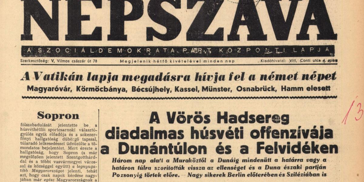 A Népszava 1945. április 4-i számának címlapja.