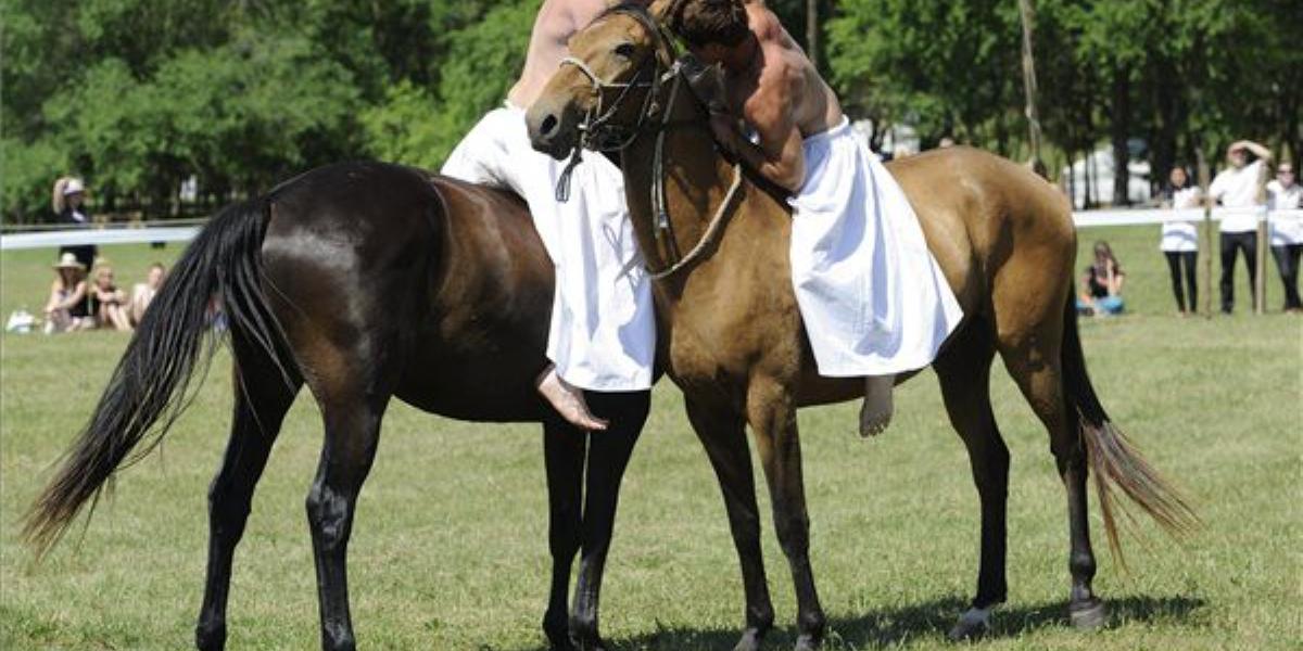 A későbbi győztes Cseppentő Regő (j) és Huszár Mátyás birkóznak lóháton az Ópusztaszeri Nemzeti Történeti Emlékparkban rendezett