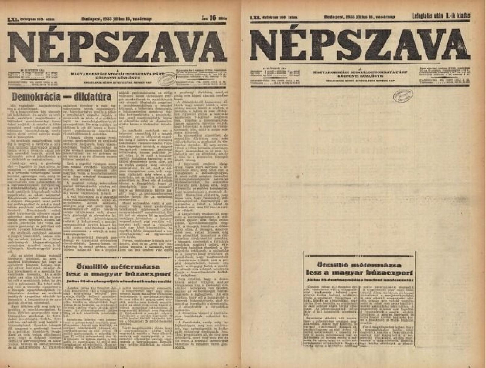 Két címlap egy napon. Itt az eredeti és a lefoglalás utáni lapszám.