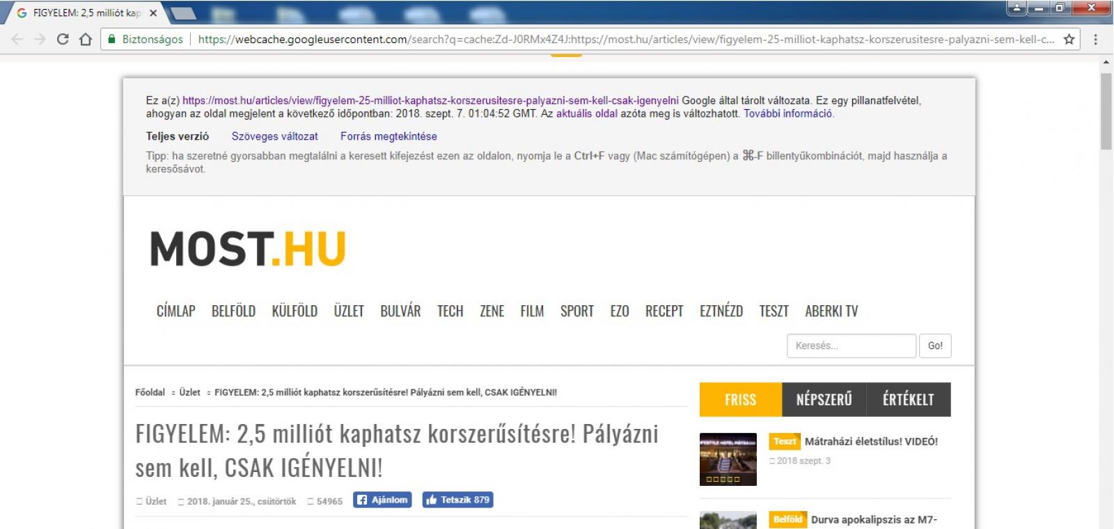 A most.hu-n megjelent álhír képe a Google memóriájából - eszerint csak ezt a kamuhírt 55 ezren látták és közel ezren kedvelték.