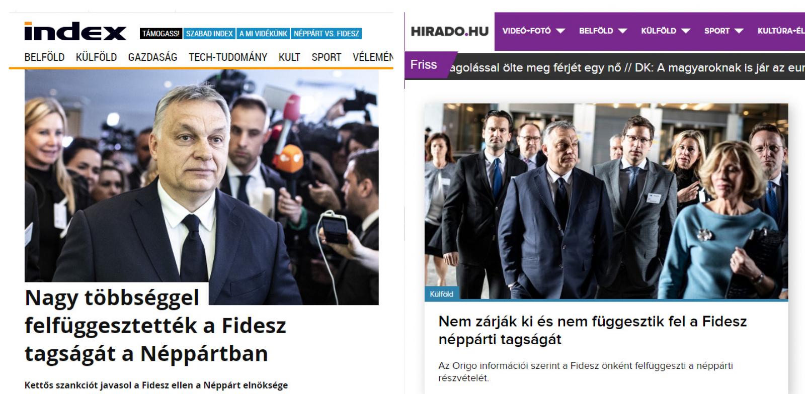 Az Index hírportál és a hirado.hu címlapja az Európai Néppárt Fidesszel kapcsolatos döntése után