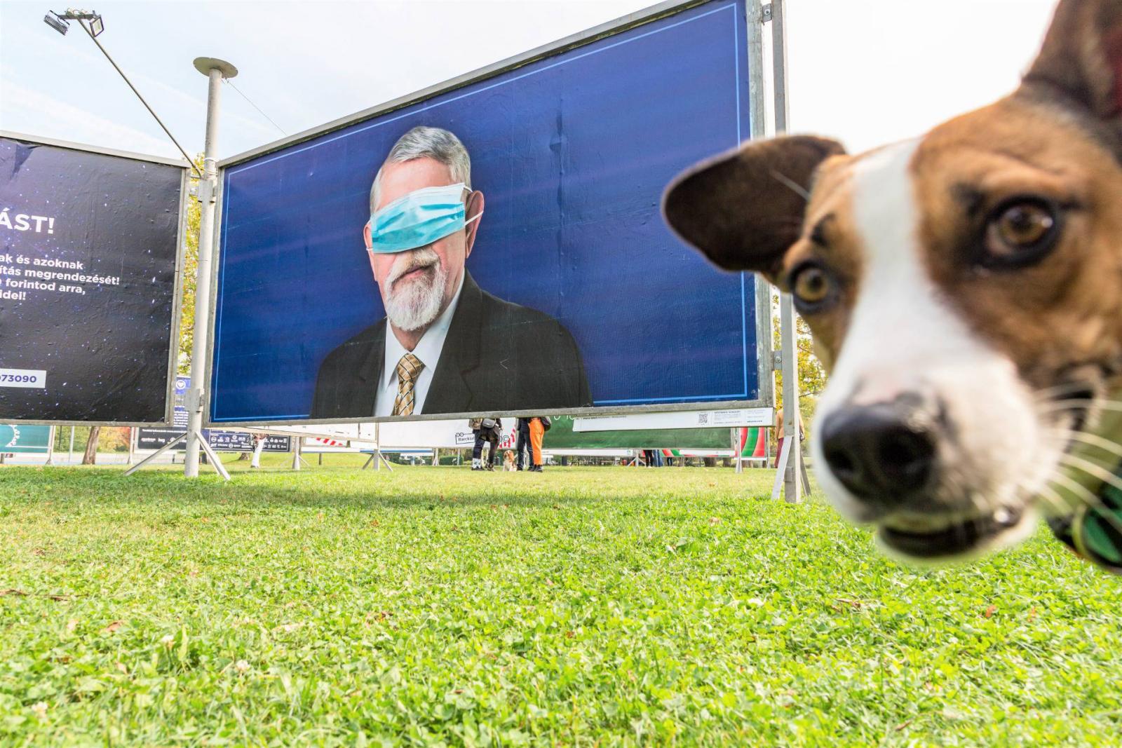 A karikatúrajellegű alkotások ezúttal sem maradtak el. A képen Rivasz Gergő Maszkabál című plakátja