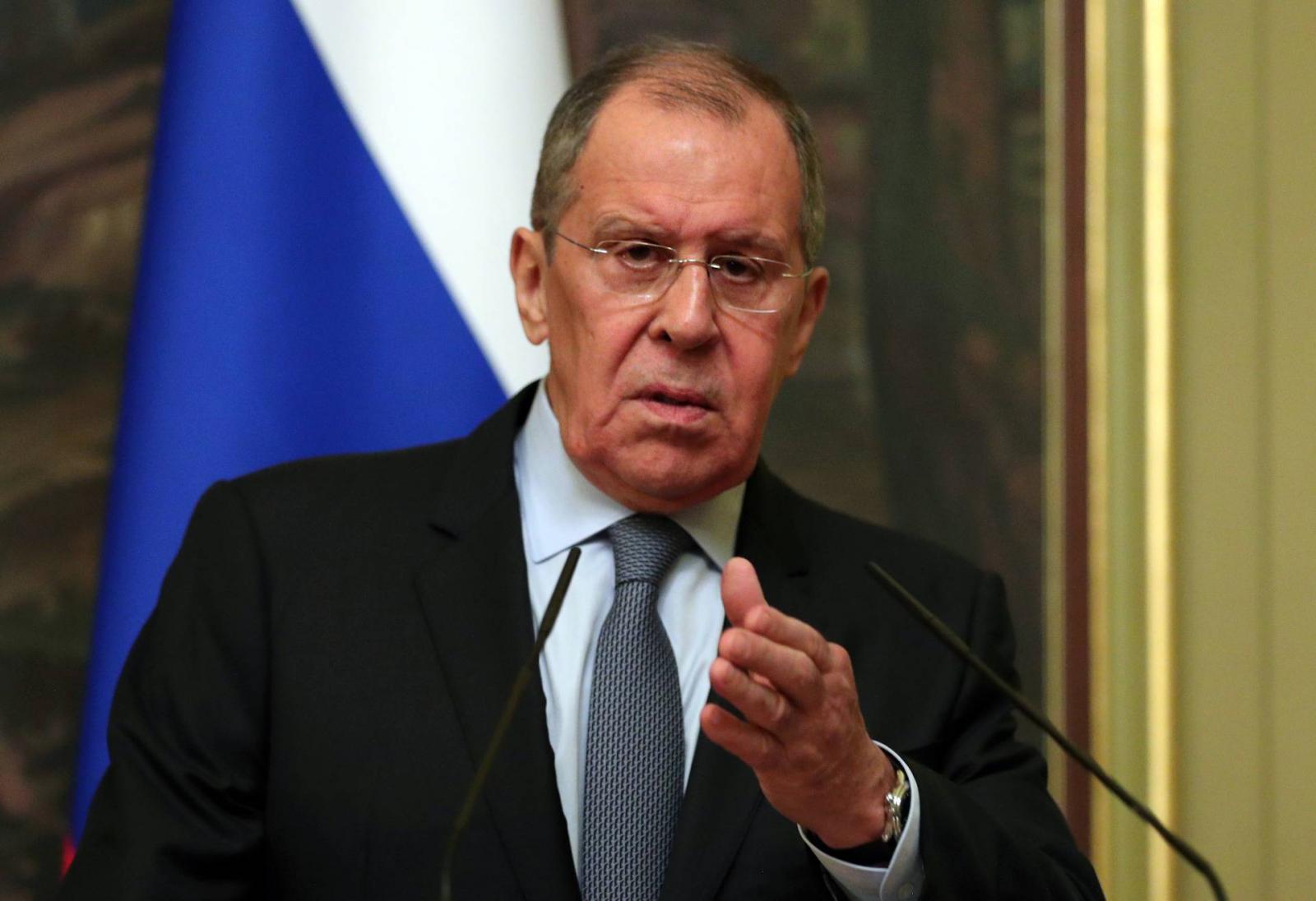 Szergej Lavrov orosz külügyminiszter egy moszkvai sajtókonferencián, 2020. augusztus 11-én