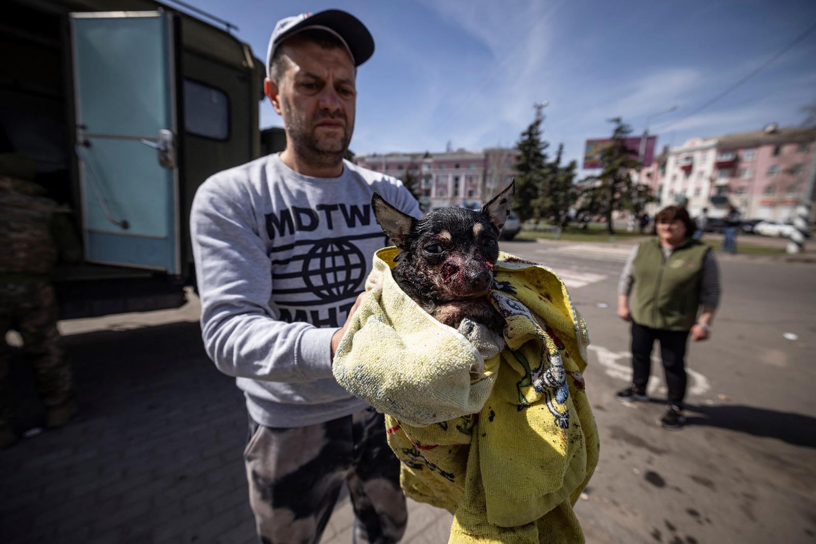 Egy ukrán rendőr a földre fektetett és ponyvával letakart holttestek fölé hajol, miután egy rakétatámadás legalább 35 embert ölt meg 2022. április 8-án a kelet-ukrajnai Kramatorszkban egy vasútállomáson, amelyet civil evakuálásra hasz