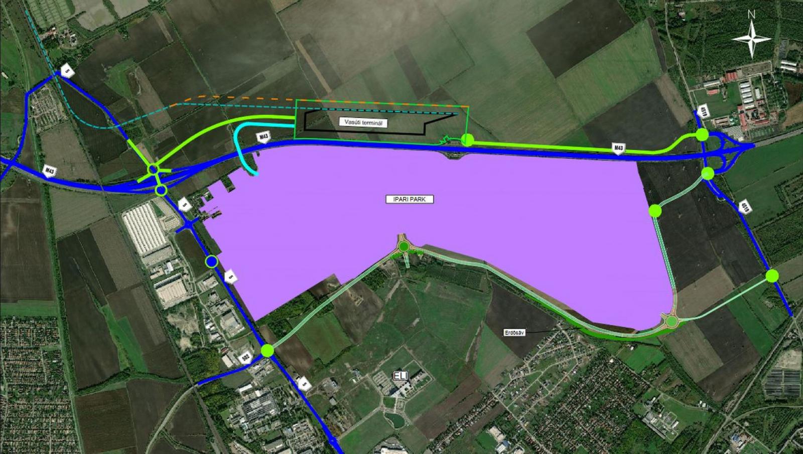 Két főút, az M5-ös és az M43-as találkozásánál alakítják ki az autógyárat fogadó – a képünkön lila színű – ipari parkot
