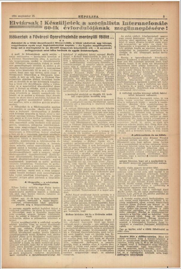 A Népszava 1924. szeptember 25-i száma tudósított a merényletet elkövető fialal fajvédő „ébredők” tárgyalásáról 
