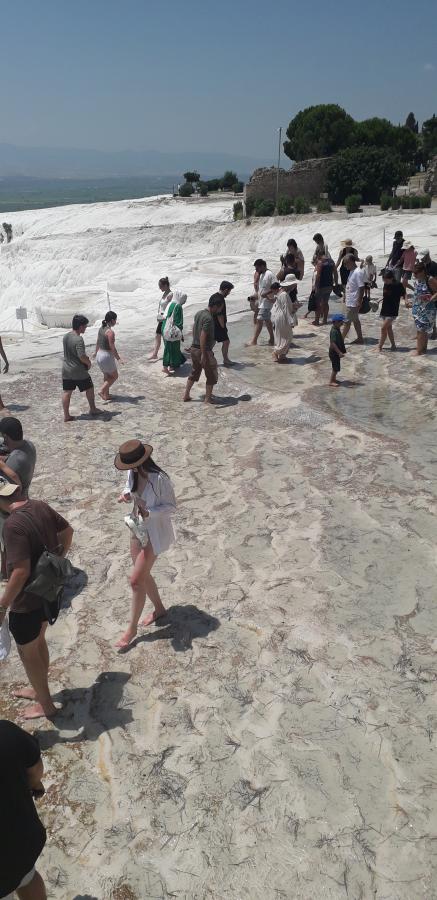 Pamukkale mészkősziklái, melyeket a 35 Celsius-fokos, kalcium-hidrogén-karbonátos víz hoz létre 