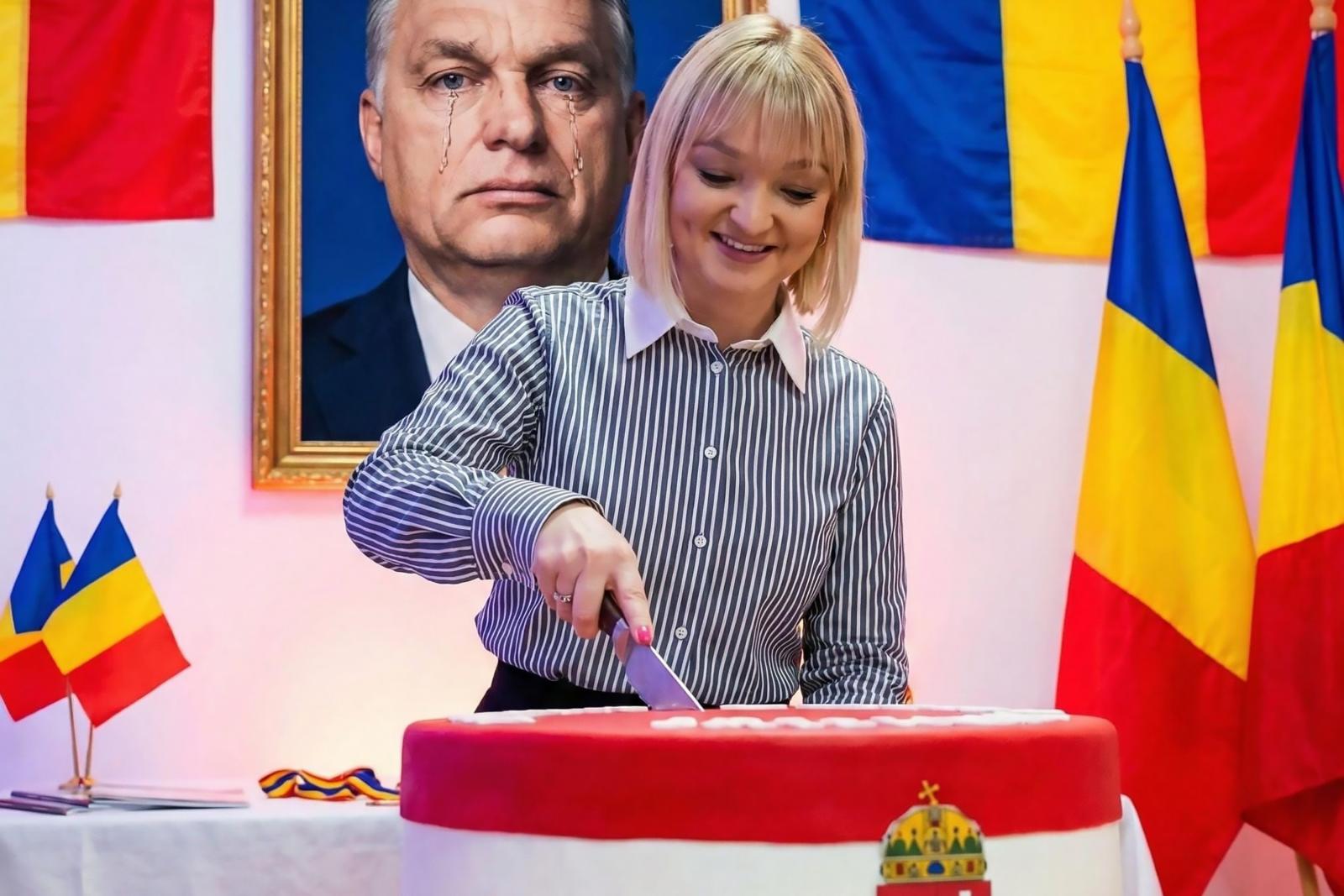 Síró Orbán-kép alatt szeletelt fel egy magyar nemzeti szinű tortát George Simion pártjának képviselője