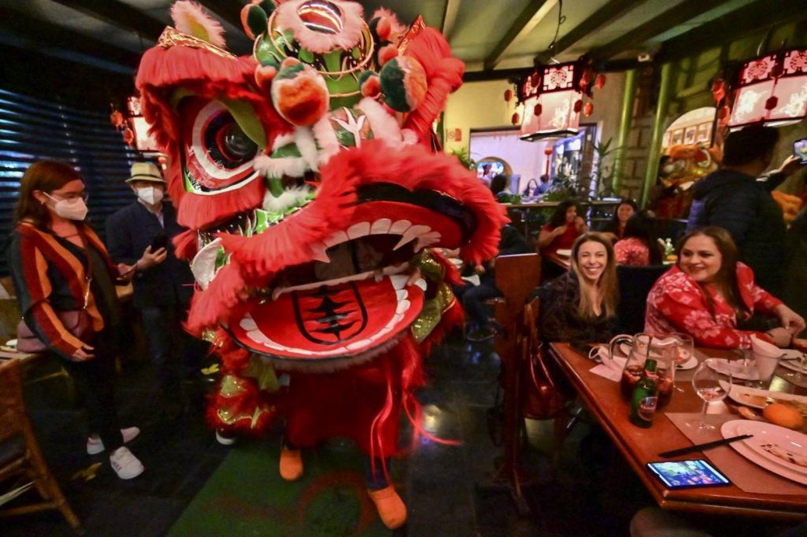 A mexikói kínai közösség tagjai hagyományos kínai oroszlántáncot járnak egy mexikóvárosi kínai étteremben 2022. január 31-én, a február 1-jei holdújév előtt, amely a Tigris évének kezdetét jelzi.