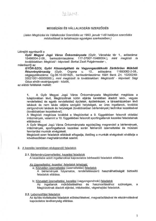 A GyŐR-SZOL Zrt. által közreadott szerződés 