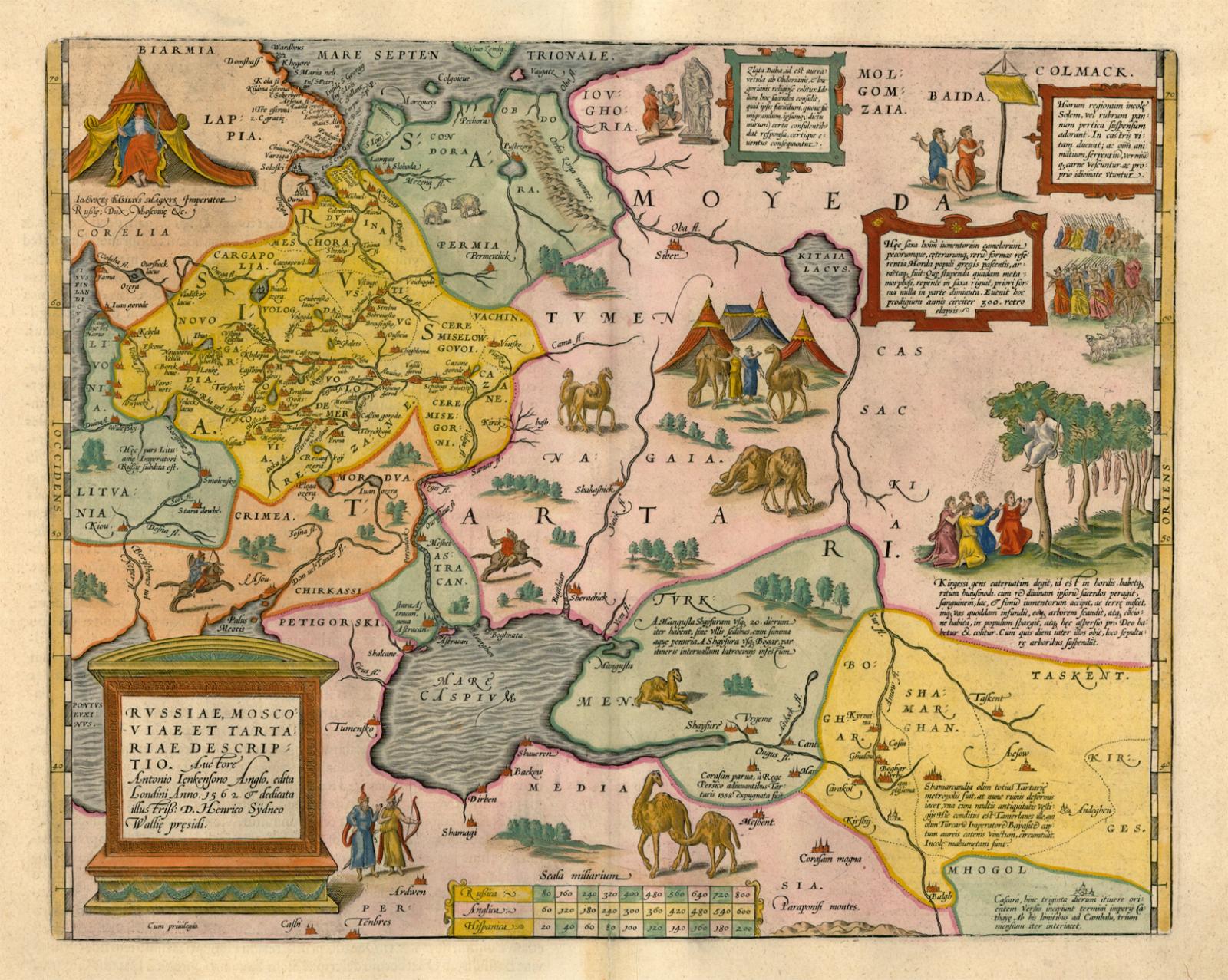 Anthony Jenkinson Kelet-Európát, illetve Oroszországot ábrázoló térképe 1562-ből (Oroszország, Moszkóvia, Tatárföld)