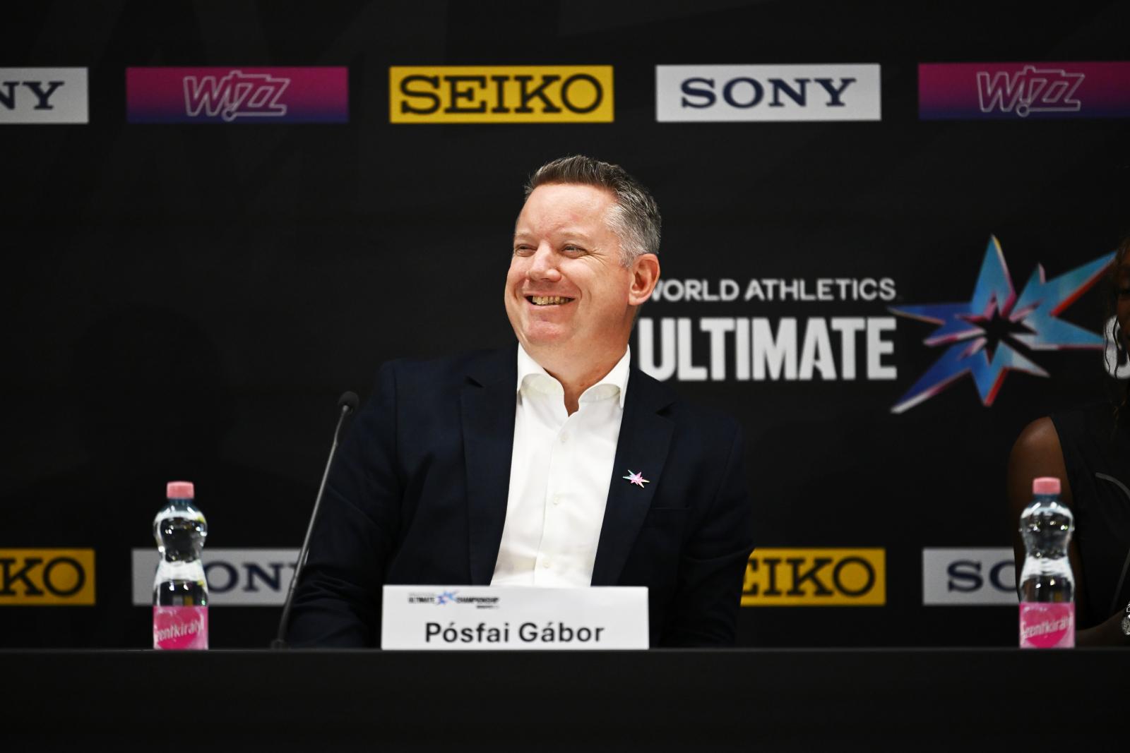 Pósfai Gábor belügyminiszter az Atlétikai Világdöntő sajtótájékoztatóján a budapesti Zsivotzky Gyula Nemzeti Atlétikai Központban 2026. szeptember 10-én