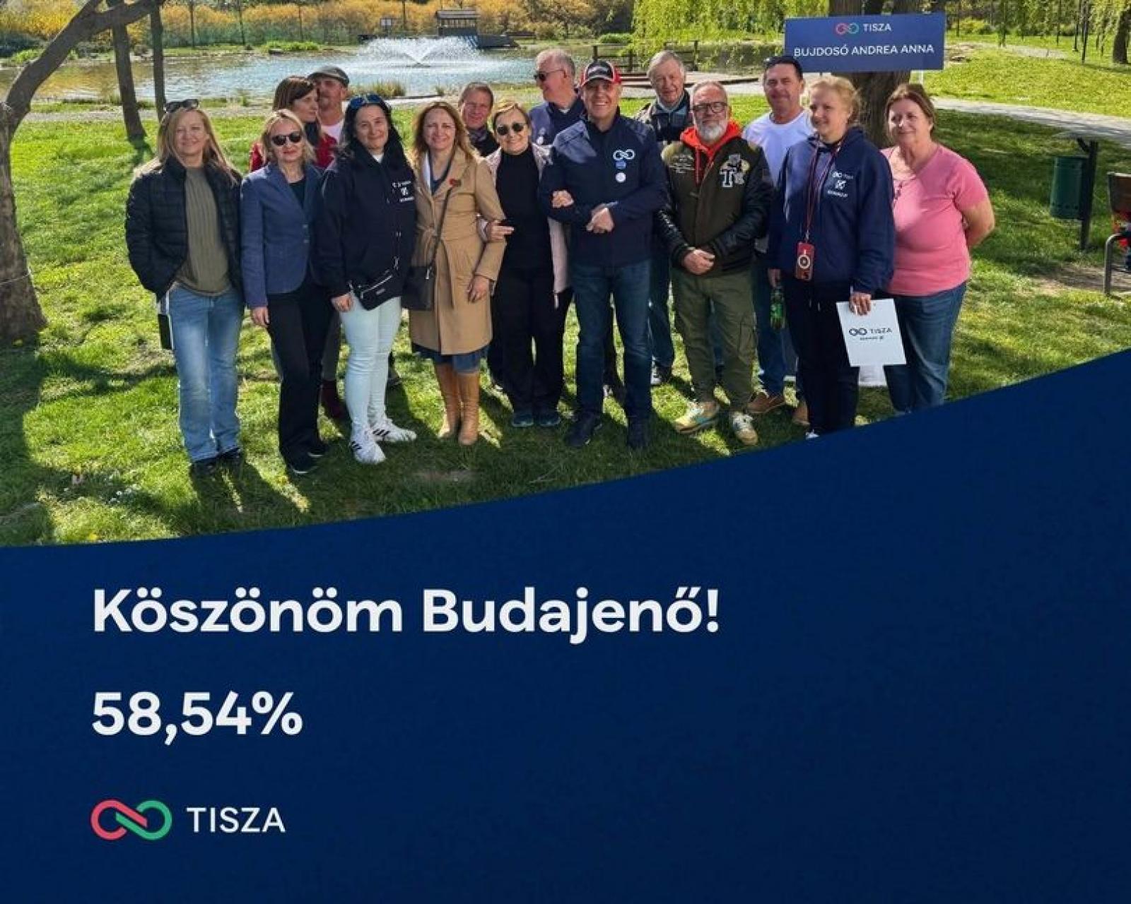 Szuvák Attila középen Tisza-dzsekiben és baseballsapkában, egy budajenői Tisza-sziget aktivistái között, Bujdosó Andrea április 16-i Facebook-fotóján