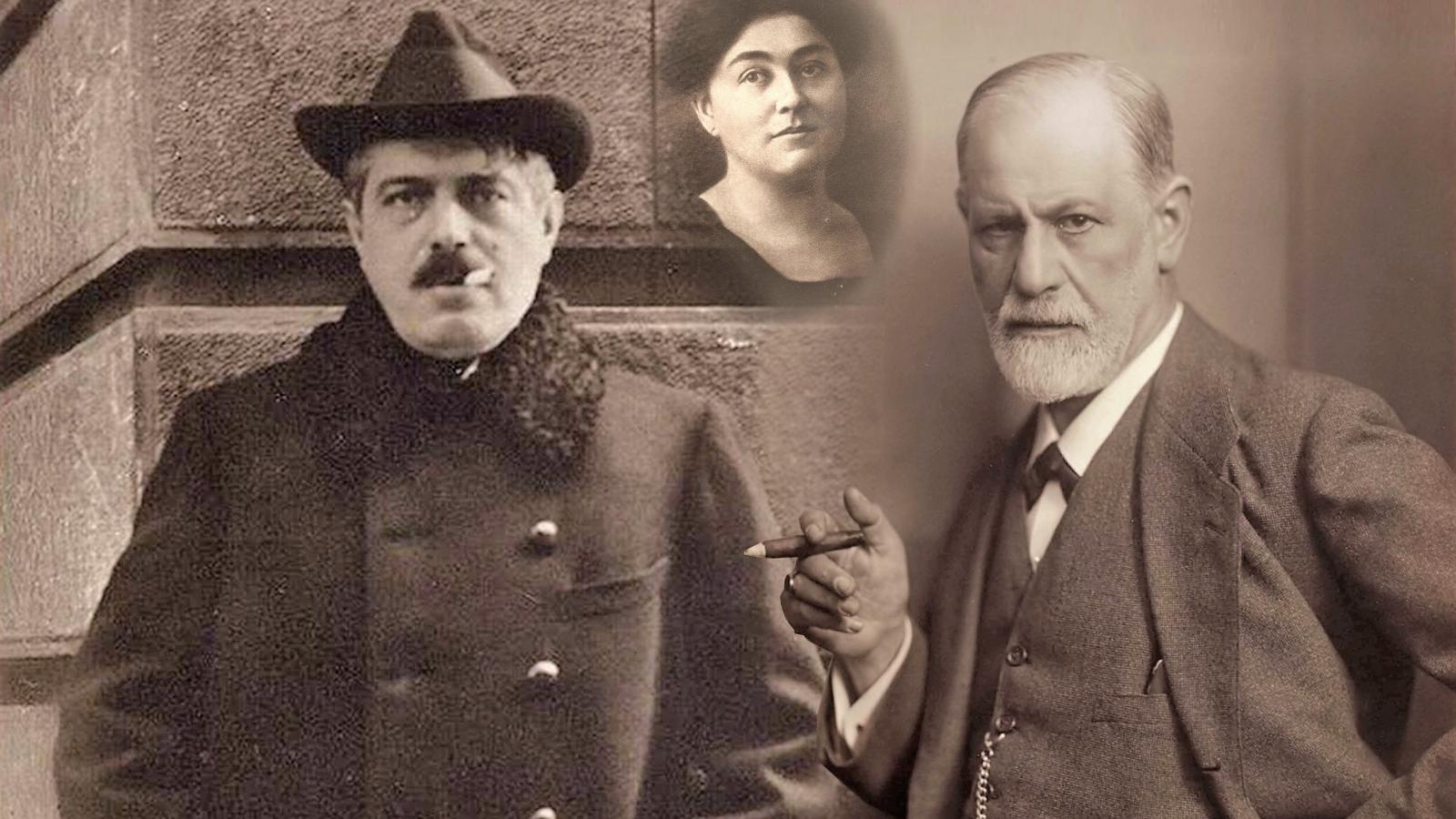 Bródy Sándor író (balra), szeretője, Ehrenthal Regina, alias Erdős Renée író-költő és Sigmund Freud