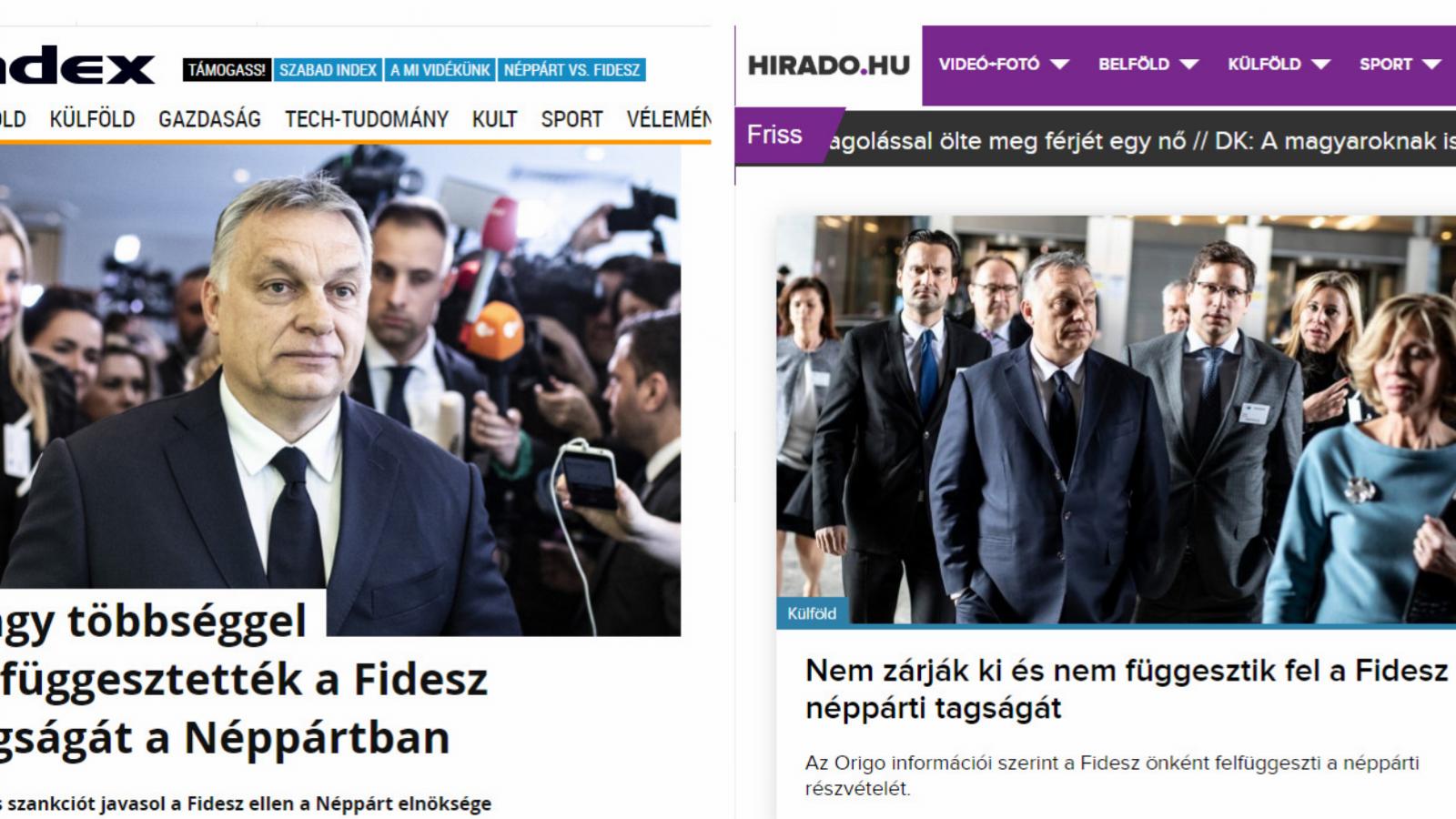 Az Index hírportál és a hirado.hu címlapja az Európai Néppárt Fidesszel kapcsolatos döntése után