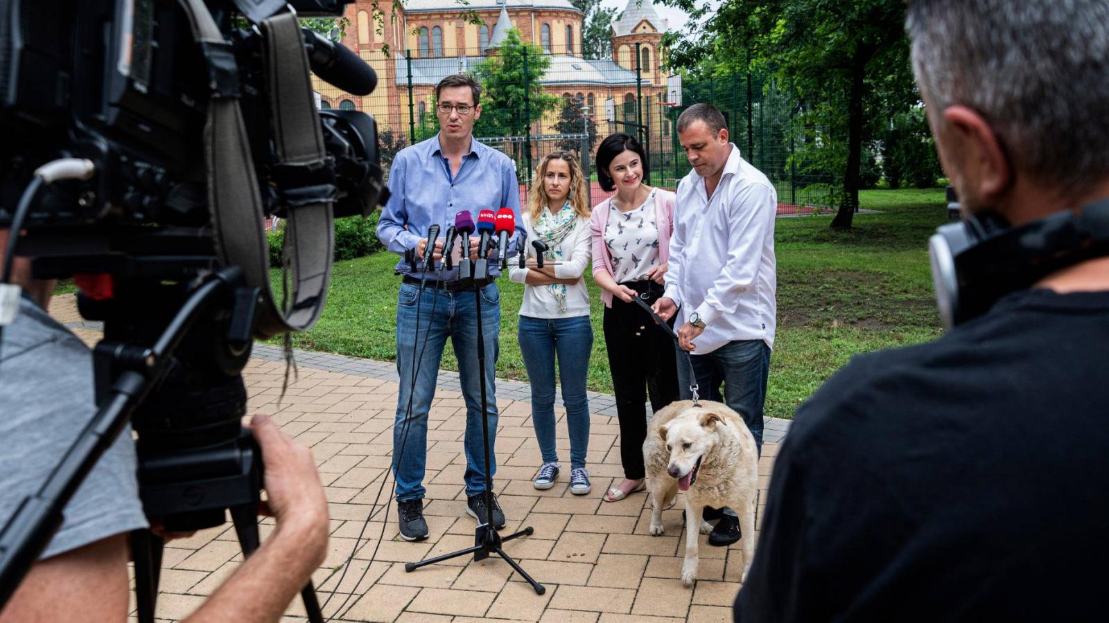 Karácsony Gergely, Szabó Rebeka, Kunhalmi Ágnes és Perédi Gergely, a Tetovált Állatmentők Állatvédelmi Egyesület elnöke (b-j)a Budapesti Állatvédelmi Charta címmel tartott sajtótájékoztatón a zuglói Kassai téren 2019. június 23-án