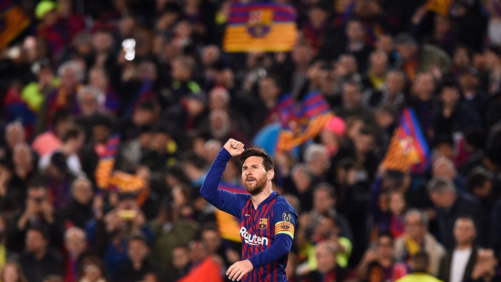 Lionel Messi a Bajnokok Ligája negyeddöntőjében lőtt gólját ünnepli a Camp Nou-ban 2019. április 16-án 