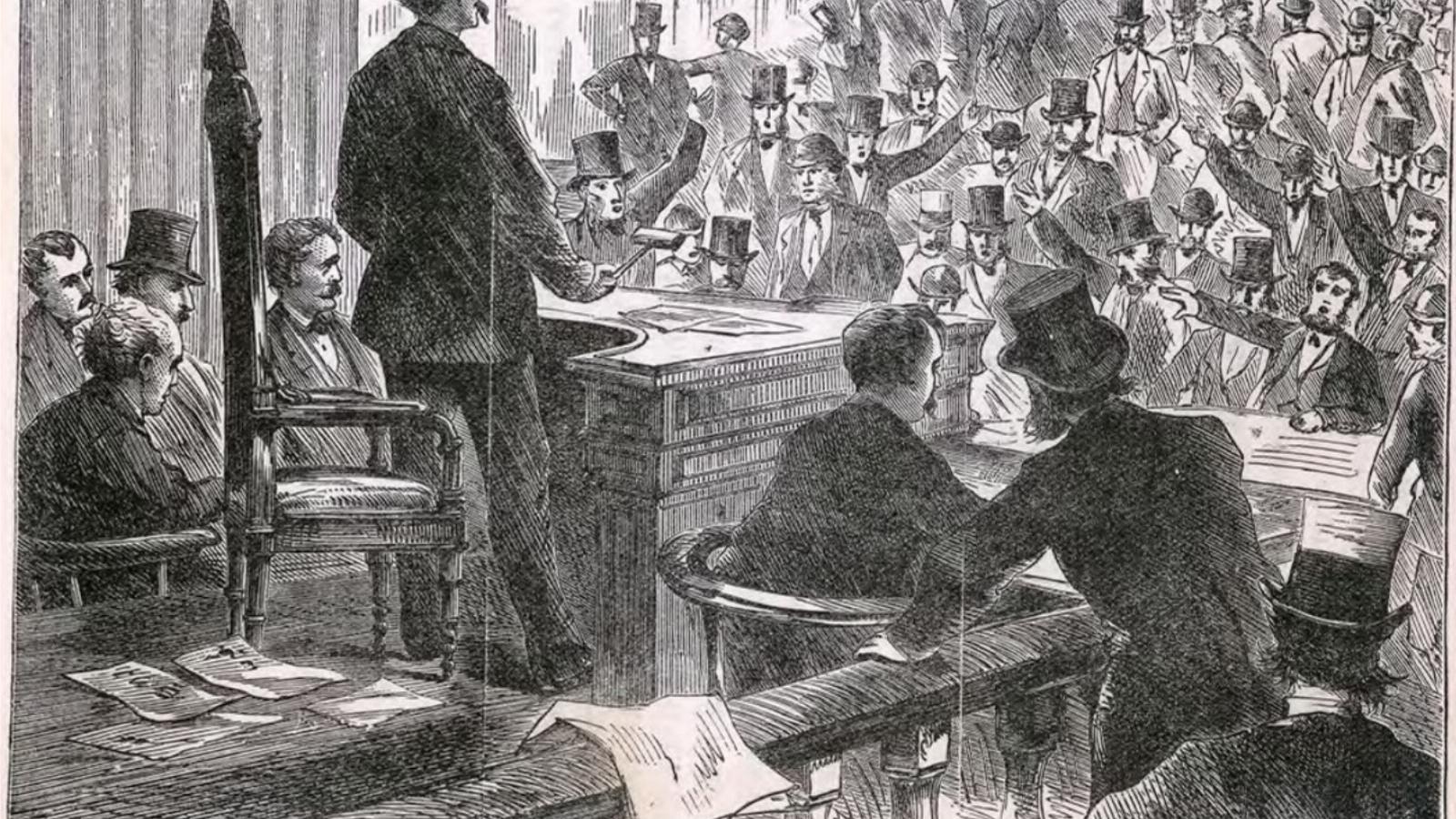 Tőzsdepánik 1873-ban. A New York-i Értéktőzsde elnöke bejelenti Jay Cooke és társai felfüggesztését