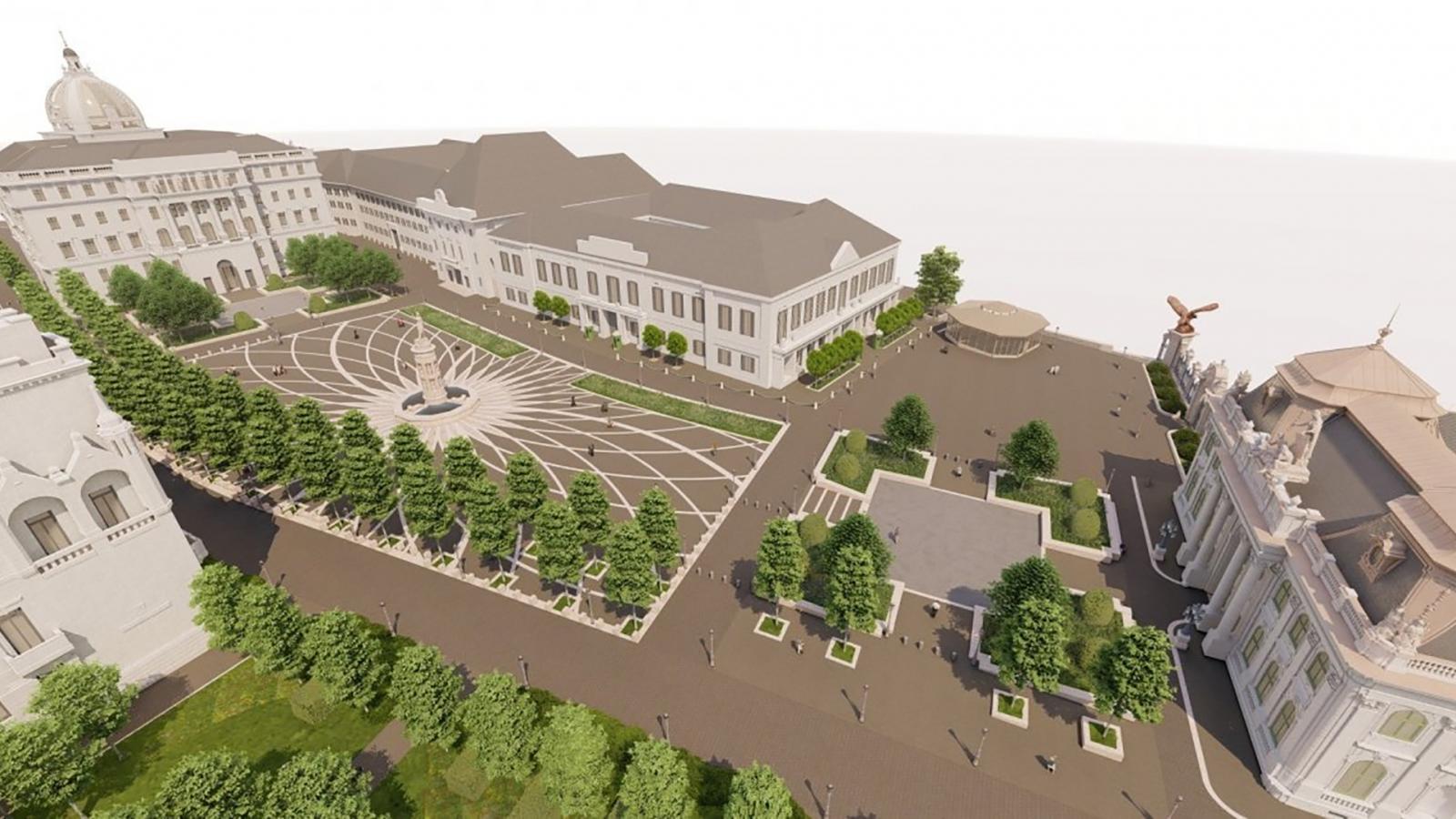 OPTIMALIZÁLT TÖRTÉNELEM (felül) – Az épülő Szent György tér a Nemzeti Hauszmann Program látványtervén.
DOKUMENTÁLT TÖRTÉNELEM (alul) – A Szent György utca a Várszínházzal (a Miniszterelnökségnek helyet adó egykori Karmelita kolostor) és Sándor-palotával