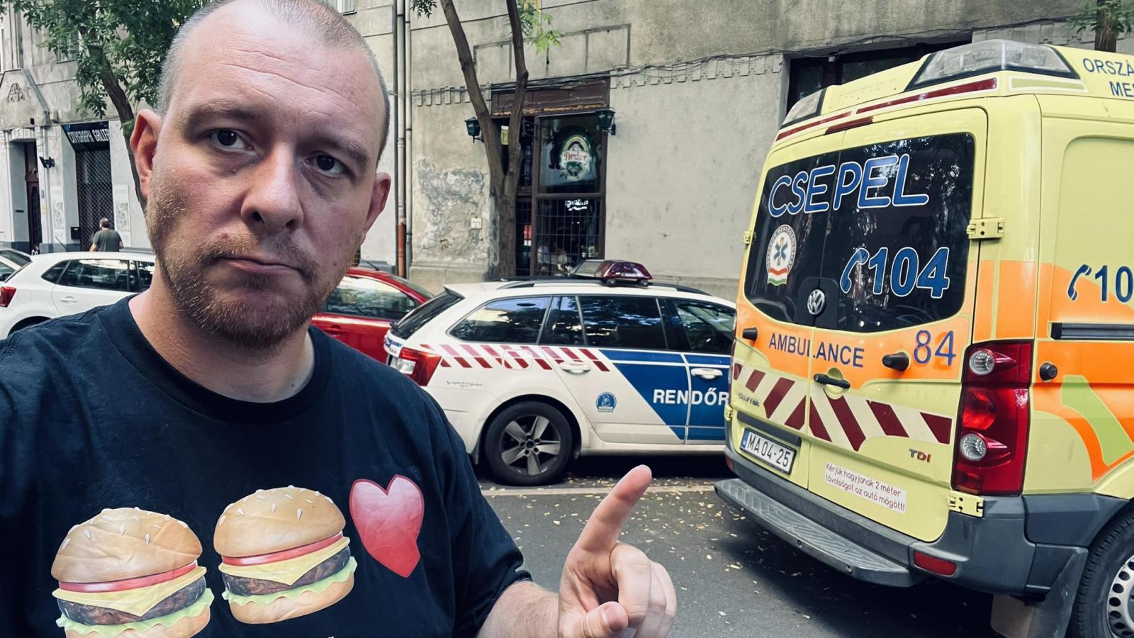 Szilágyi László társtulajdonos a rendőrség kiérkezése után a Billog Hamburgerező előtt 