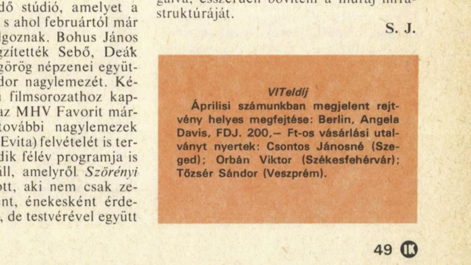 Az Ifjúkommunista 1985/6. száma – Orbán Viktor helyes rejtvénymegfejtésével