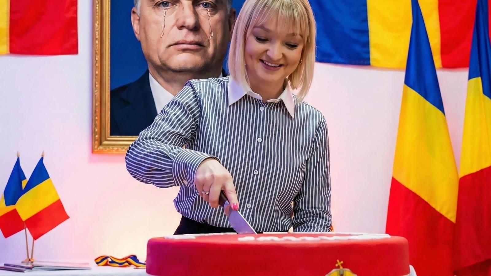 Síró Orbán-kép alatt szeletelt fel egy magyar nemzeti szinű tortát George Simion pártjának képviselője