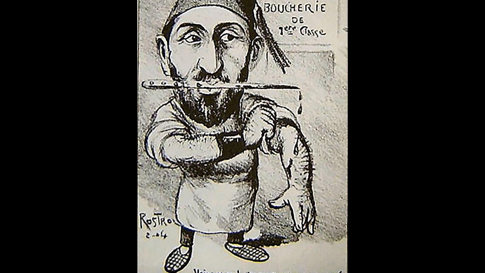 A törökök 1915 és 1916 között úgy 600-800 ezer örményt öltek meg – korabeli francia karikatúra az örmények mészárosáról, Abdul Hamid szultánról