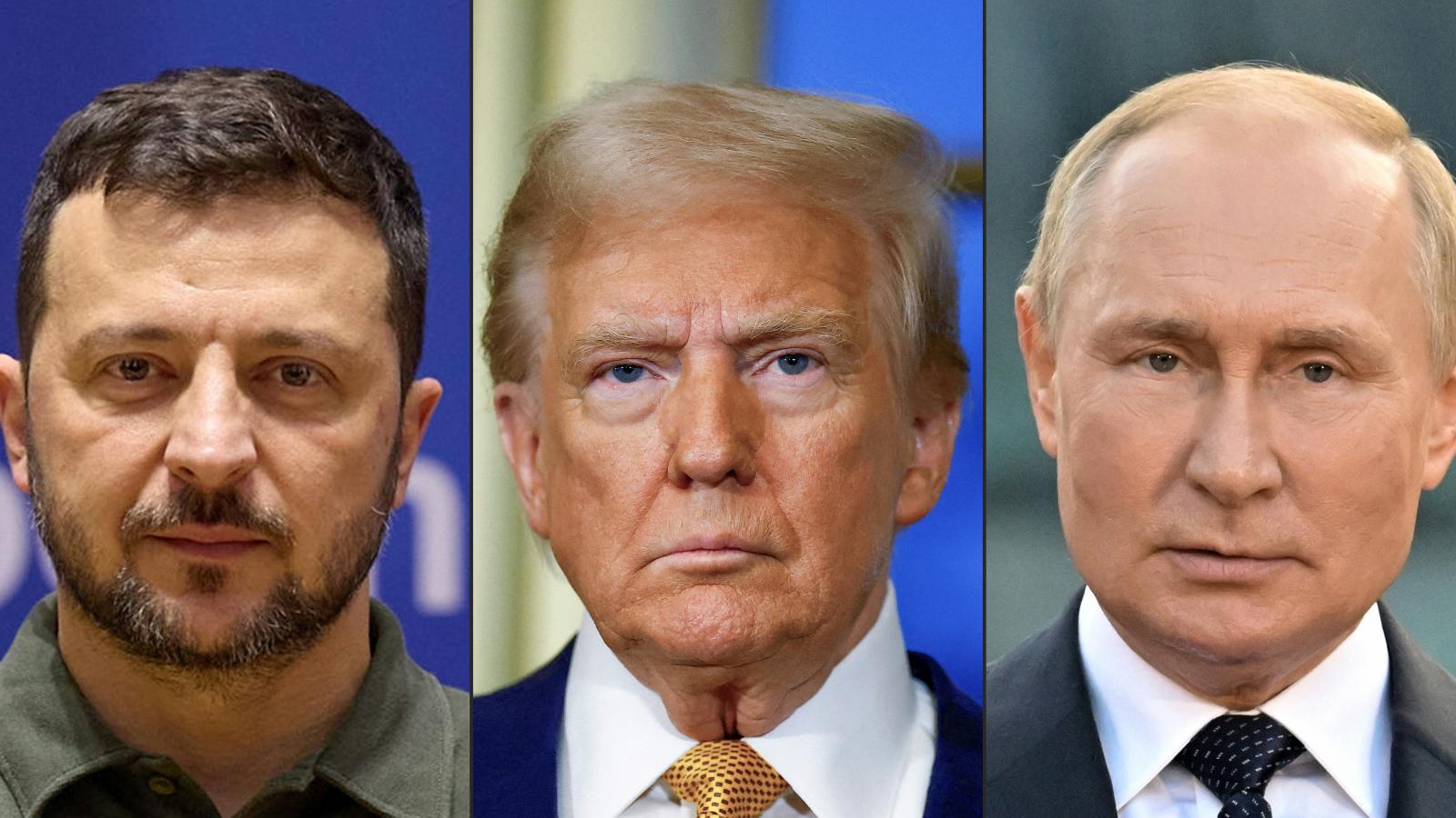 Volodimir Zelenszkij ukrán, Donald Trump amerikai és Vlagyimir Putyin orosz elnök.