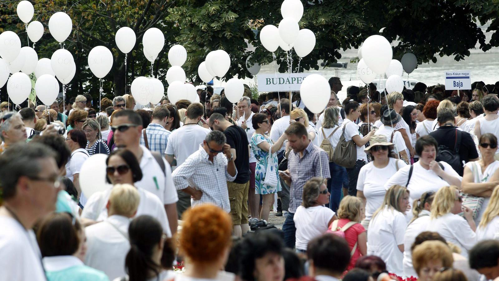 A Magyar Egészségügyi Szakdolgozói Kamara vonulós demonstrációjának résztvevői gyülekeznek a belvárosi Jászai Mari téren 2015. j