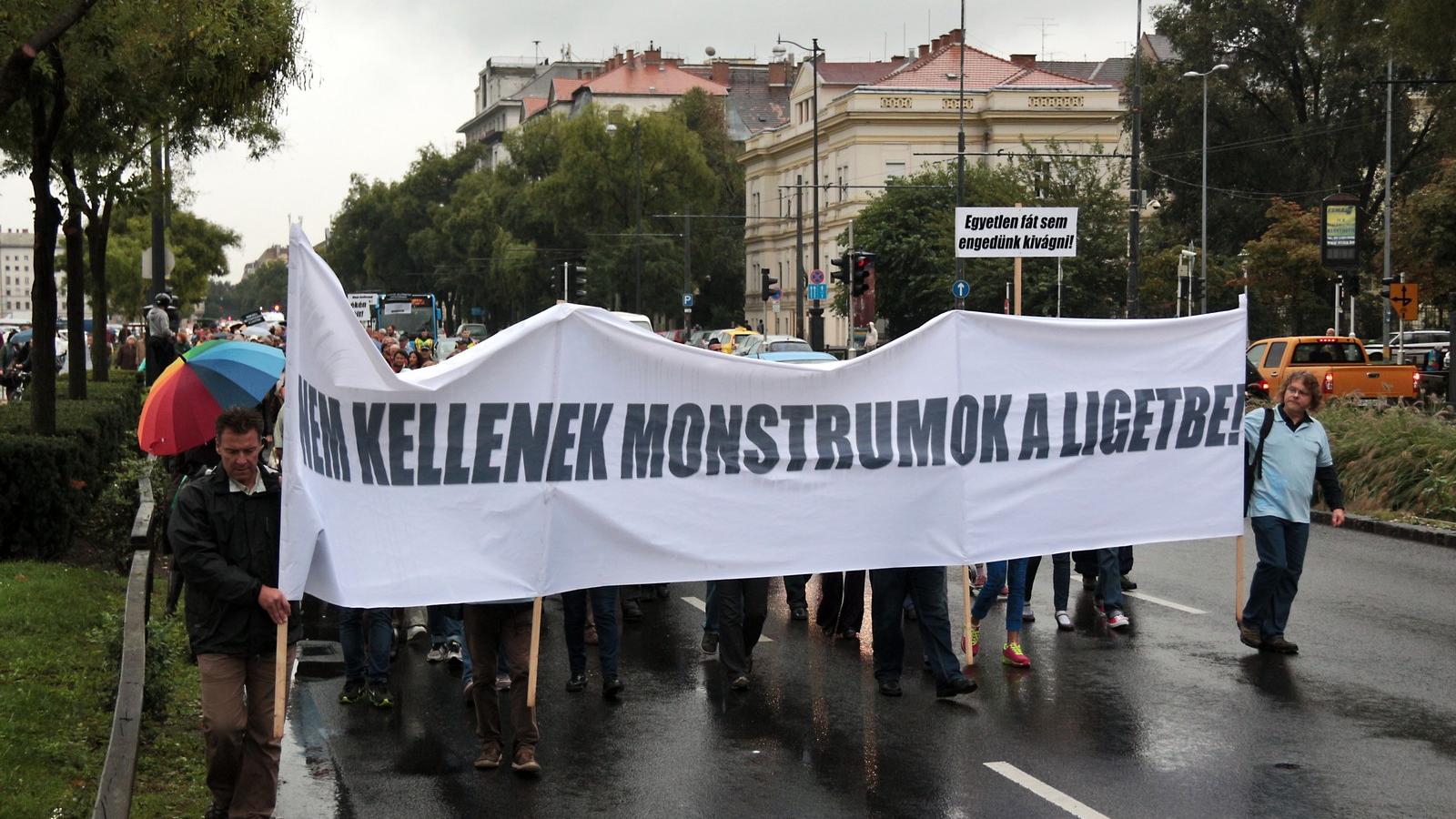 A Civilzugló Egyesület Nem kellenek monstrumok a Ligetbe! címmel rendezett vonulásos demonstrációt szeptemberben Fotó: Molnár Ád