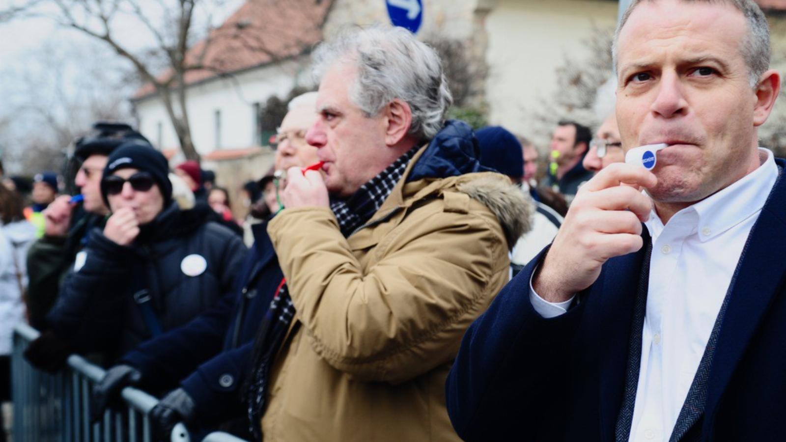 Juhász Péterék demonstrációját akarták ellehetetleníteni a Várkert bazárnál idén februárban FOTÓ: Molnár Ádám