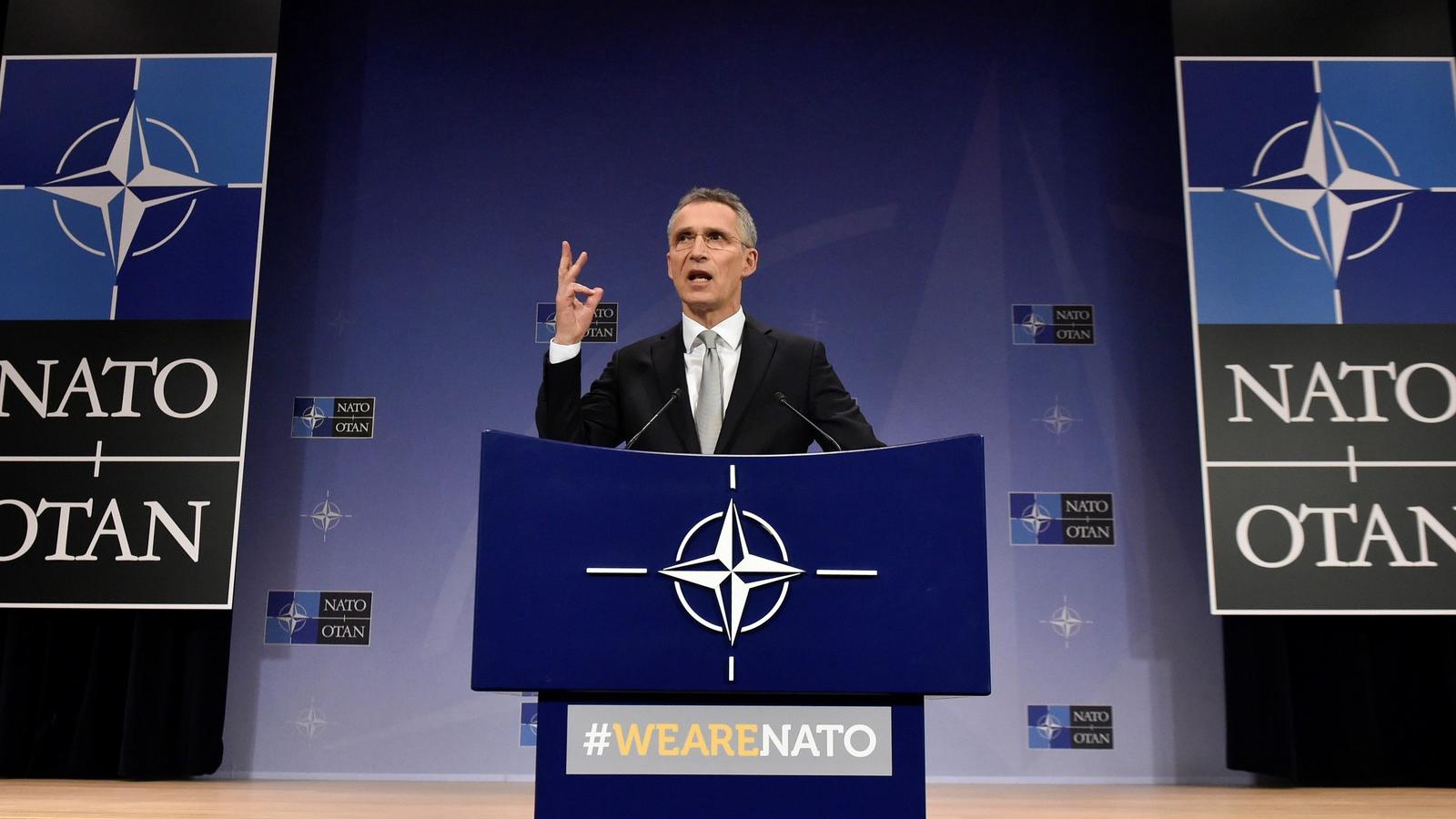 Jens Stoltenberg NATO főtitkár a brüsszeli sajtóértekezleten. Fotó: JOHN THYS / AFP