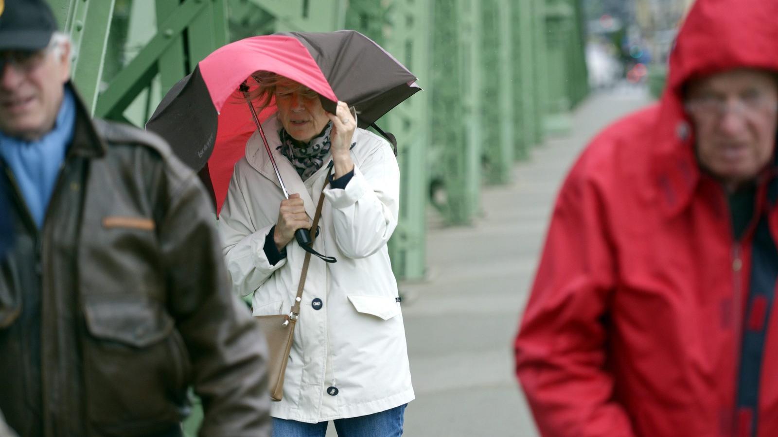 Turisták az erős szélben Budapesten a Szabadság hídon. MTI Fotó Beliczay László