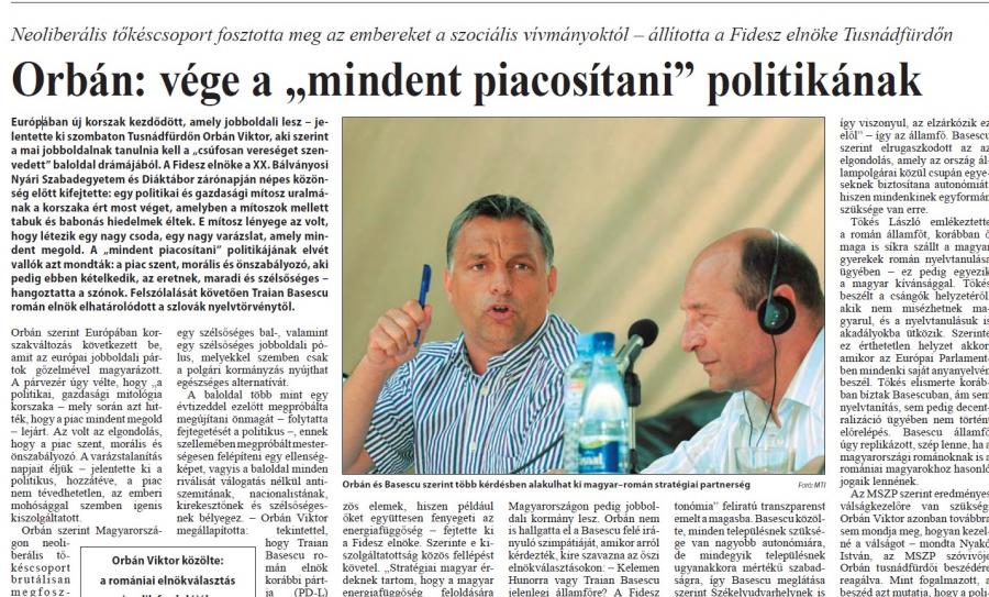 Orbán: vége a „mindent piacosítani” politikának