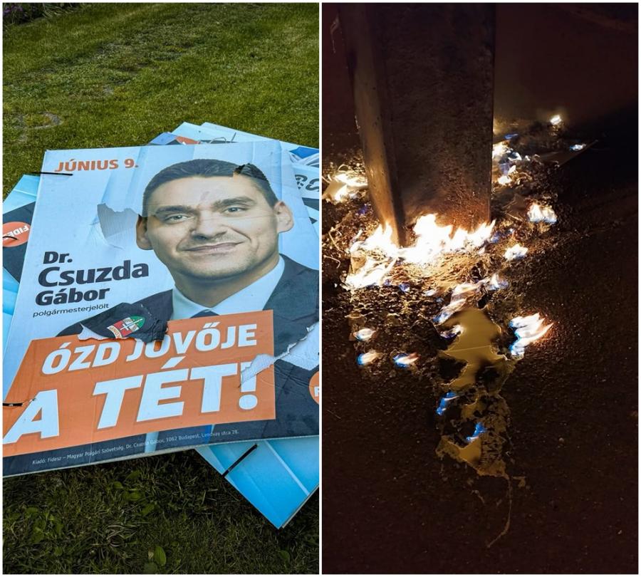 Megrongálták és felgyújtották a Fidesz több plakátját Ózdon