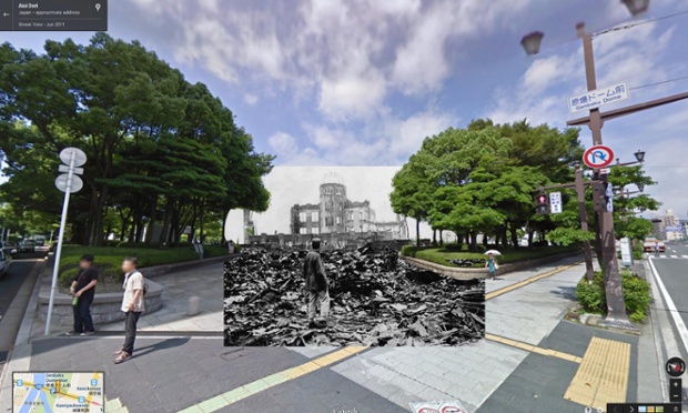 1945. augusztusa, egy japán férfi áll a romok közt a hirosimai atomtámadás után, az A-Bomb Dome (egykori Promotion Hall) egyike a kevés fennmaradt épületnek, amely a mai Béke emlékpark központi eleme (Halley Docherty/Guardian)