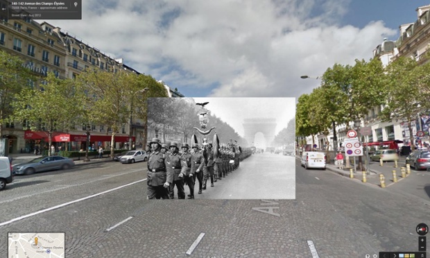1940. júniusa, a náci Németország bevonul Franciaországba, a katonák díszmenetben masíroznak a Diadalív előtt, Párizsban (Halley Docherty/Guardian)