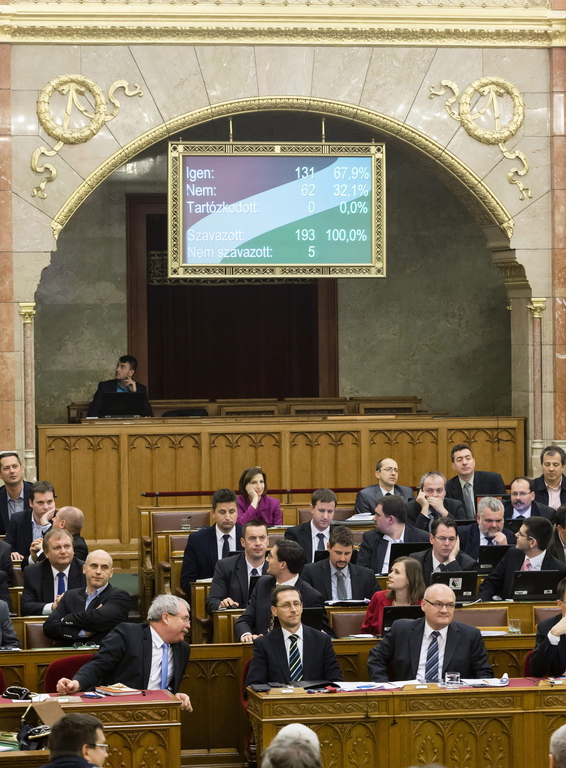 A szavazás eredménye egy kijelzőn az Országgyűlés plenáris ülésén. MTI Fotó: Mohai Balázs