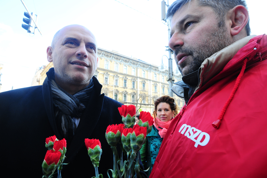 Az MSZP az utcán is köszöntötte a nőket. Az elnök is részt vett a virágosztásban. FOTÓ: Pálfalvi Kitti/Népszava