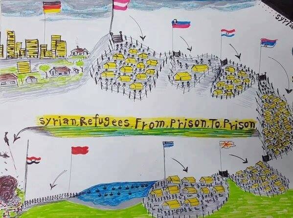 Egy szír gyerek rajza  arról, hogyan élte meg családja útját Szíriától Németországig Forrás: Sirius Help/Facebook